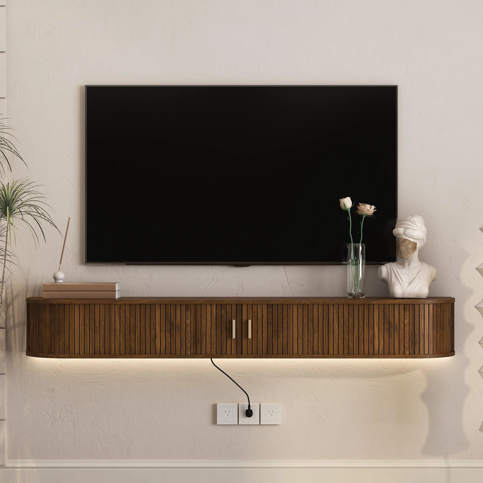 Spaco 69" Floating TV Stand Wall Mounted with 16-Color RGB LED – Mid-Century Curved Media Console with Sliding Doors, Modern Entertainment Center for 55-75" TVs, Living Room