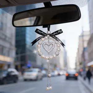 Luxury Rhinestone Pearl Car Hanging Ornament, High-End Car Interior Accessory, Rearview Mirror Pendant, Women's Car Essentials, Car Hanging Decoration