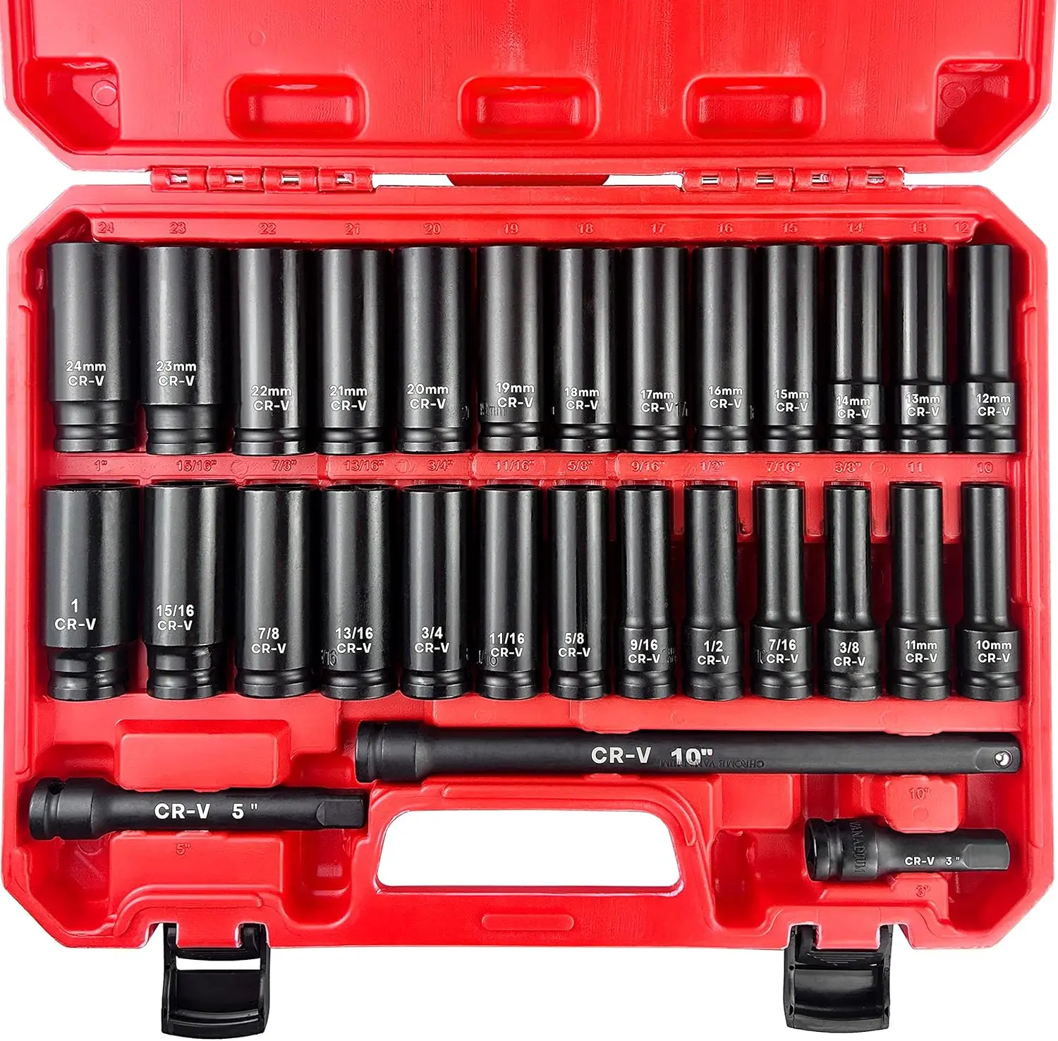 29-Piece Chrome Vanadium (Cr-V) Steel 1/2" Drive Deep Impact Socket Set - 6-Point, Heavy Duty, Easy to Install, with 3",5",10" Impact Extension Bars, SAE (3/8"-1") & Metric (10mm-24mm) Sizes, Laser Print Dims, for Hardware Tool Box, Mechanic Use, Durabili