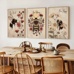 3pcs/set Unframed Vintage Letter Print Animal Design Bee Flower Inspirational Word Wall Art Decorative Painting, Artwork for Walls, Unique Artwork, Bee Strong, Happy, Kind Text Vintage Poster Quotes Print