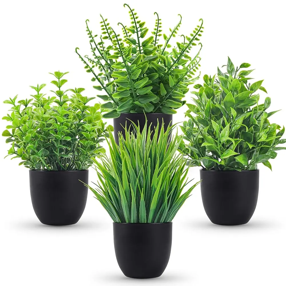 Fake Plants 4 Pack Artificial Plants Small Faux Plants in Black Pot for Bathroom Home Office Table Decor Indoor for College Dorm Desk, Apartment Shelf & New Home Moving Decor, summerwins Mid Year Sale,dorm essentials