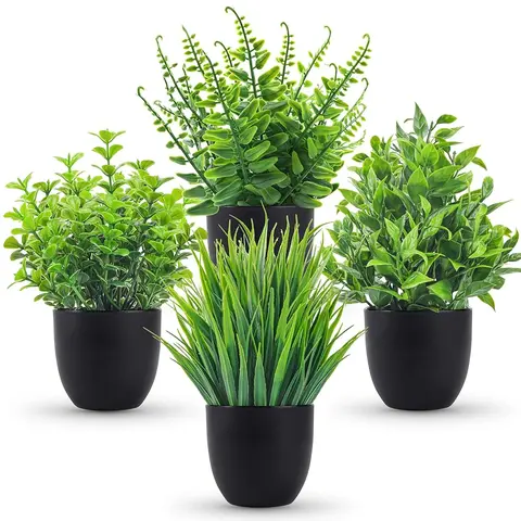 Summerwins 4-Pack Small Artificial Plants in Black Pots - 4.7" Shelf Fit Faux Greenery, Room Inspo Dorm-Ready Decor, Flower/Foliage Artificial Plants for Home Office Table (Mid Year Sale),home decor