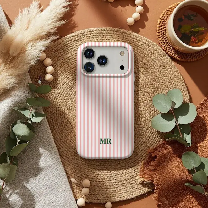 Aesthetic Shockproof TPU-Cellphone Case, Customized Striped Polycarbonate Cover with Personalized Initials Monogram, Wireless-Friendly, Pink White, Cute Girly Gift for iPhone 17,16,15,14 Devices