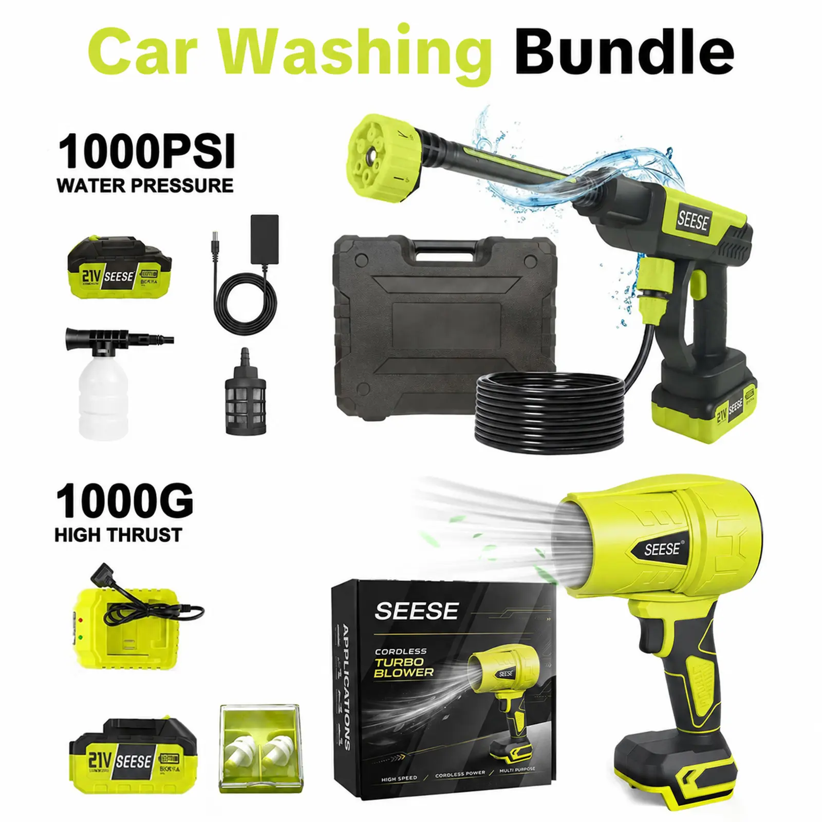 SEESE 21V Cordless Car Washing Bundle with 1000 PSI Pressure Washer & 1000G Turbo Leaf Blower Combo Kit for Car Wash + Drying, Patio & Garden Cleaning backtoschool