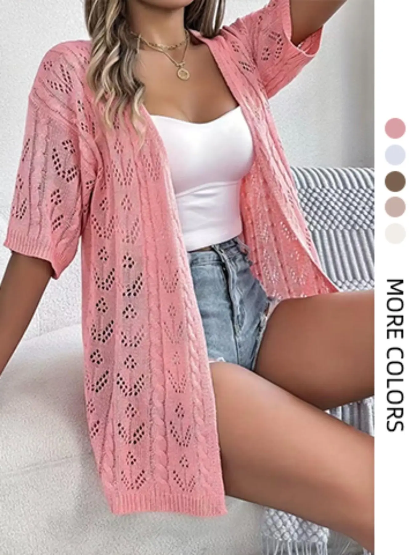 Women's Summer Casual Loose Fit Knit Cardigan Knitwear, Multicolor Hollow Out Beach Style, Large Size Open Front Jacket, Knit Outerwear, Fashionable and Comfortable
