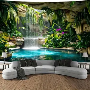 1PC Tropical Waterfall Tapestry, Tapestry Wall Mural, Durable Decorative Tapestry, Wall Hanging Lush Greenery Scenic Nature Backdrop Home Decor Festival Outdoor Atmosphere Enhancing Decorative Fabric Art Jungle Oasis Design Home Interiors Wall