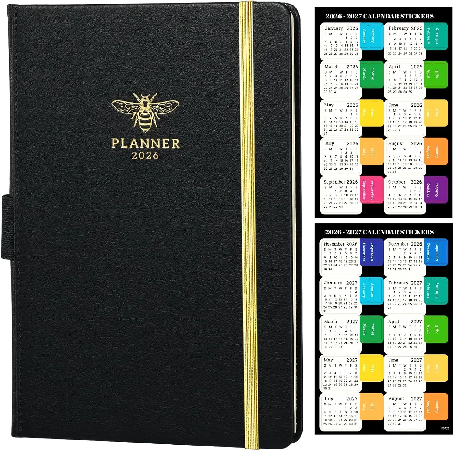 2026 Planner - Planner 2026, JAN 2026 - DEC 2026, 2026 Planner Weekly and Monthly with Calendar Stickers, 5.75" x 8.25", Saffiano Leather, Pen Loop,  Pocket - Black Bee