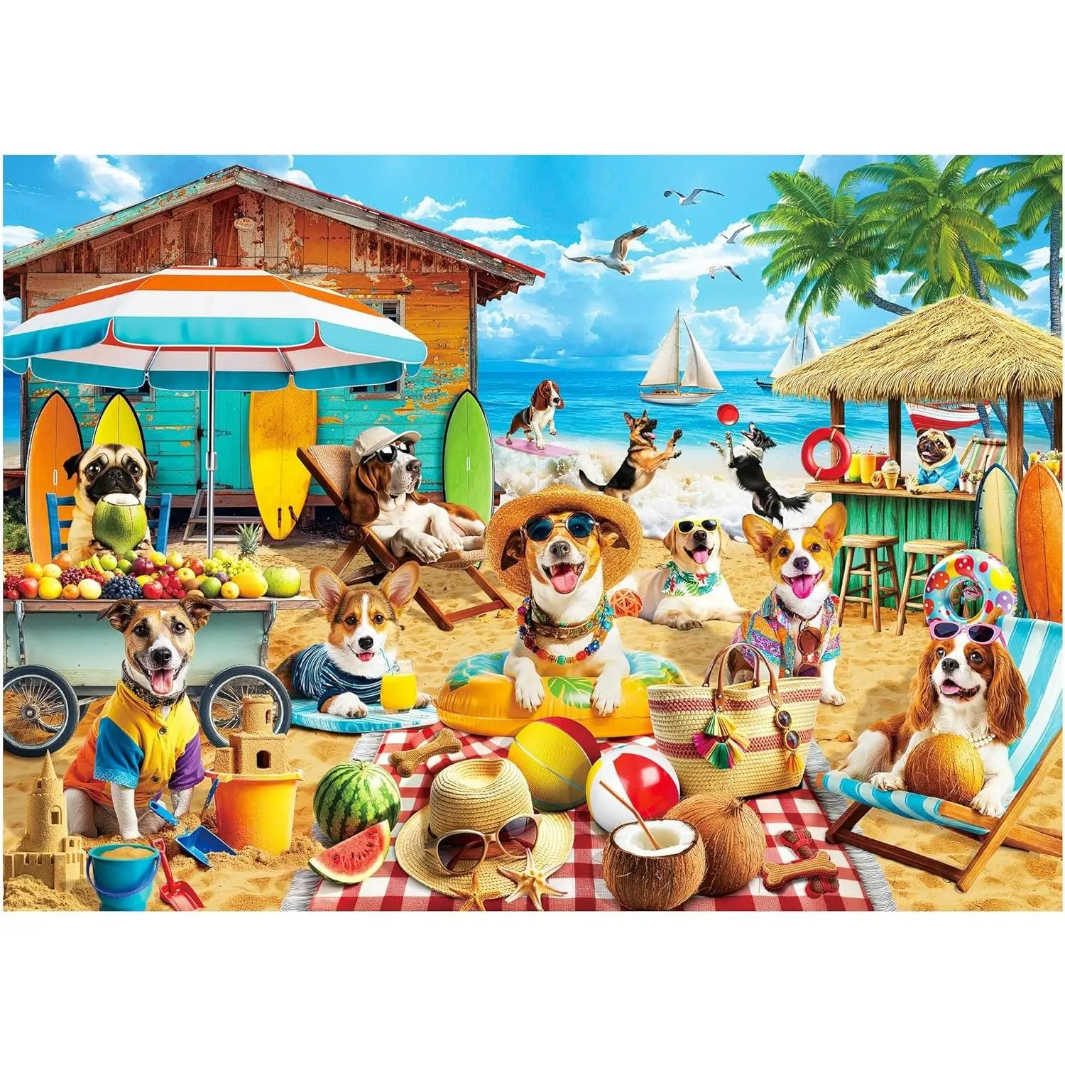 BenBen Puzzles for Adults 500 Pieces, Dogs on Vacation, Summer Dog Jigsaw Puzzle with Patterns on Back, Funny Animal Puzzle, Challenging Puzzles for Family Game Night, Home Décor