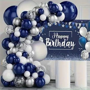 Navy Blue and Silvery White Latex Balloon Arch Kit with Silvery Confetti Balloons, Festive Party Supplies for Boys' Birthdays and Sailing Themed Decorations