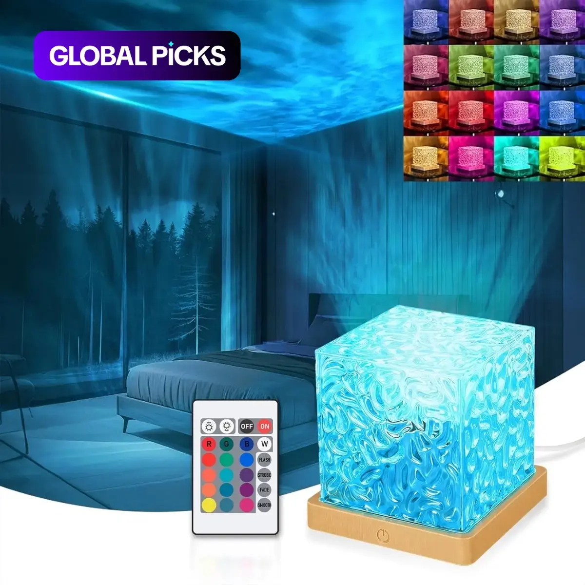 USB Wave Projector Table Lamp, 16 RGB Colors with Remote & Touch Control, Sea Wave & Aurora Effect, Adjustable Atmosphere Light, Dimmable Mood Lamp, Acrylic Base Night Light for Bedroom & Living Room #GLOBAL PICKS