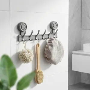 No Drill Succo Hook Rack, Heavy Duty Vacuum Suction Cup Towel Hooks for Bathroom, Wall Mounted Space Aluminum Hanger with 6 Hooks, Waterproof & Reusable, No Damage for Shower, Kitchen, RV, Renters, Hold Towels, Utensils, Robes, No Holes, Easy Install