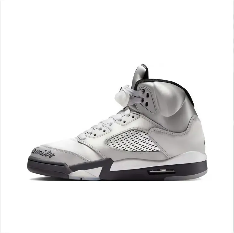 High top basketball sneakers silver‑grey smooth leather upper handwritten family graphic black‑grey two‑tone midsole breathable mesh window retro premium silhouette unisex sport shoes