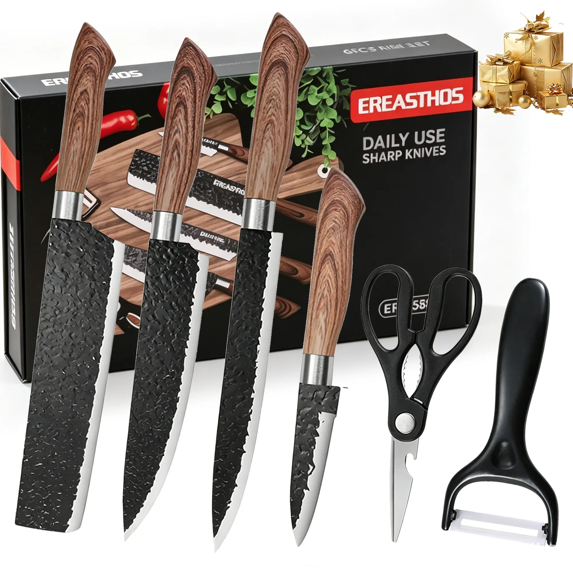 6-Piece Kitchen Knife Set, High Carbon Steel Black Hammered Chef Knives with Shears & Peeler, Gift Box for Cooking Meat Prep & Home Decor, Knives Kitchen Set, Gift Set