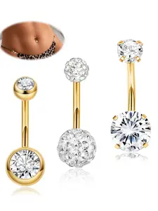 3 Piece Belly Ring Set with Zirconia, Rhinestone Design, Stainless Steel Chain, Sporty Style, All Seasons, Plain Pattern, Body Piercing Jewelry