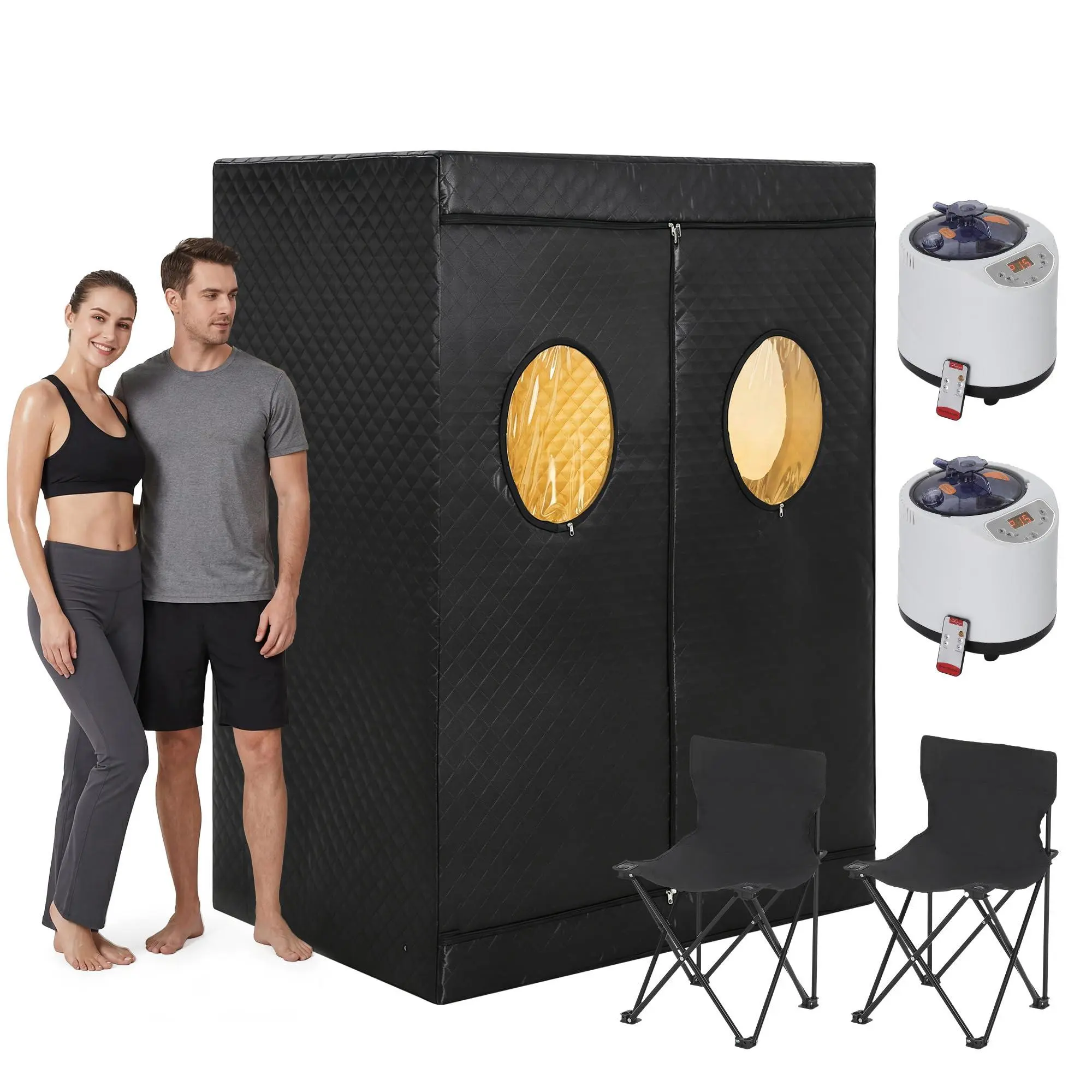 2 Person Portable Sauna for Home, Personal Steam Sauna Tent for Full Body Relaxation, Upgraded 1400W with 3L Steamer x2, Sauna Pod with 2 Foldable Chairs and Remote Control, 49x31.5x72 Inch