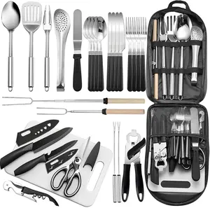Portable Camping Kitchen Utensil Set-27 Piece Cookware Kit, Stainless Steel Outdoor Cooking and Grilling Utensil Organizer Travel Set Perfect for Travel, Picnics, RVs, Camping, BBQs, Parties and More