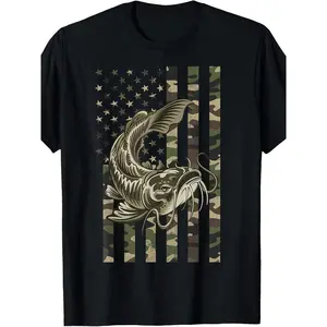 180gMen'S Vintage 180GSM Heavyweight American Flag T-Shirt|   Camouflage Catfish Graphic, Patriotic Fishing Design, Soft Breathable Fabric, All-Season Casual & Outdoor Wear, Ideal For Gym Fishing, Plus Size