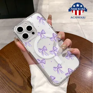 Chic Magnetic Case for iPhone11/12/13/14/15/16/promax, Purple Bow Pattern MagSafe Ready, Anti-Slip, Ultra Thin | Aesthetic Touch for Daily Use