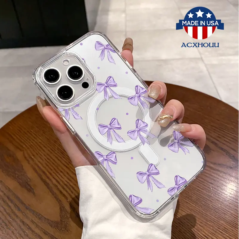 Chic Magnetic Case for iPhone11/12/13/14/15/16/promax, Purple Bow Pattern MagSafe Ready, Anti-Slip, Ultra Thin | Aesthetic Touch for Daily Use