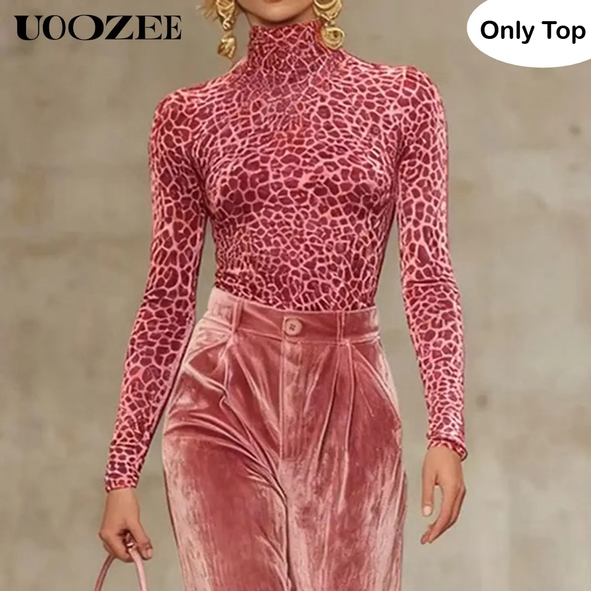 UOOZEE Women's Pink Leopard Print Bodysuit - Stretchy Turtleneck Long Sleeve Seamless Blouse, Velvet Polyester Spandex Fabric, Slim Fit Cropped Lightweight Top, Low Iron, Hang Dry, for Casual Layering, Thanksgiving, Valentines Day Outfits