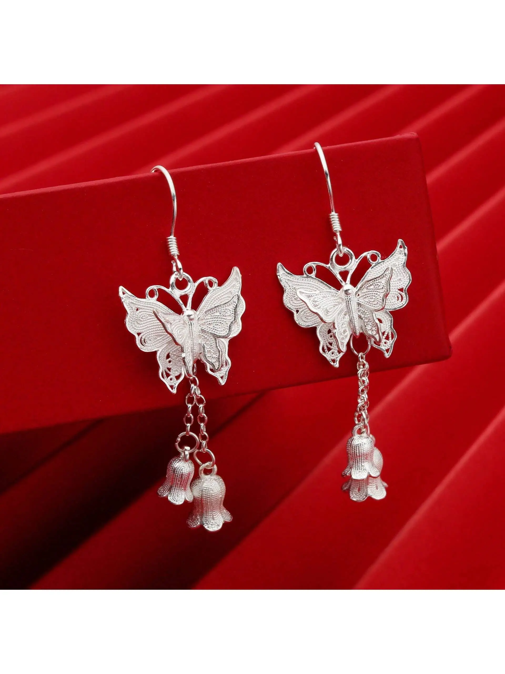 Antique Look Butterfly Dangle Earrings with Long Tassels, Butterfly Bells, and Double-Layered Silk Thread Accents for Women, Metal Coated, Daily, Drop Earrings, Female, Silk Threads, Metal Coating, Butterfly Bell, Party