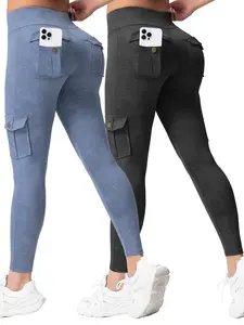 CHRLEISURE 2PCS Cargo Pants Workout Cargo Leggings with Four Pockets For Women Gym Yoga High Waist Leggings