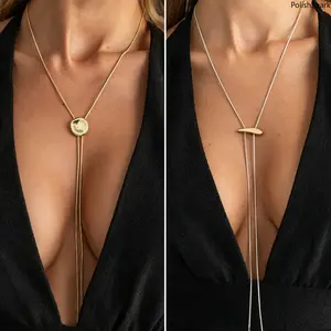 Women's Minimalist Flexible Copper-Alloy Adjustable Slide Lariat Necklace - Sleek Round Pendant, Long Drop Y-Shaped Chain, Gold & Silver Tone - Sports & Outdoor Accessory for Summervibes