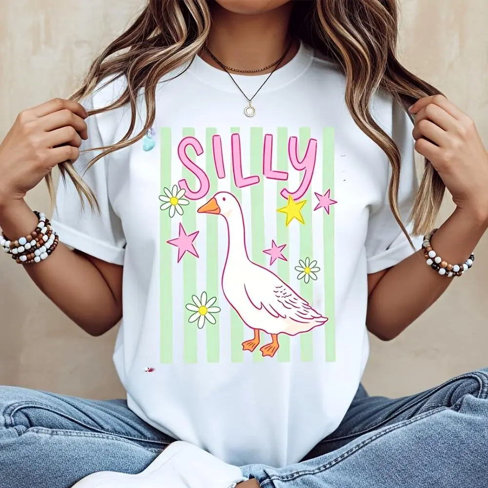 Silly Goose Print Striped Stars Flowers T-Shirt, Cute Cartoon Animal Graphic Tee, Casual Summer Daily Wear, Funny Gift For Girls