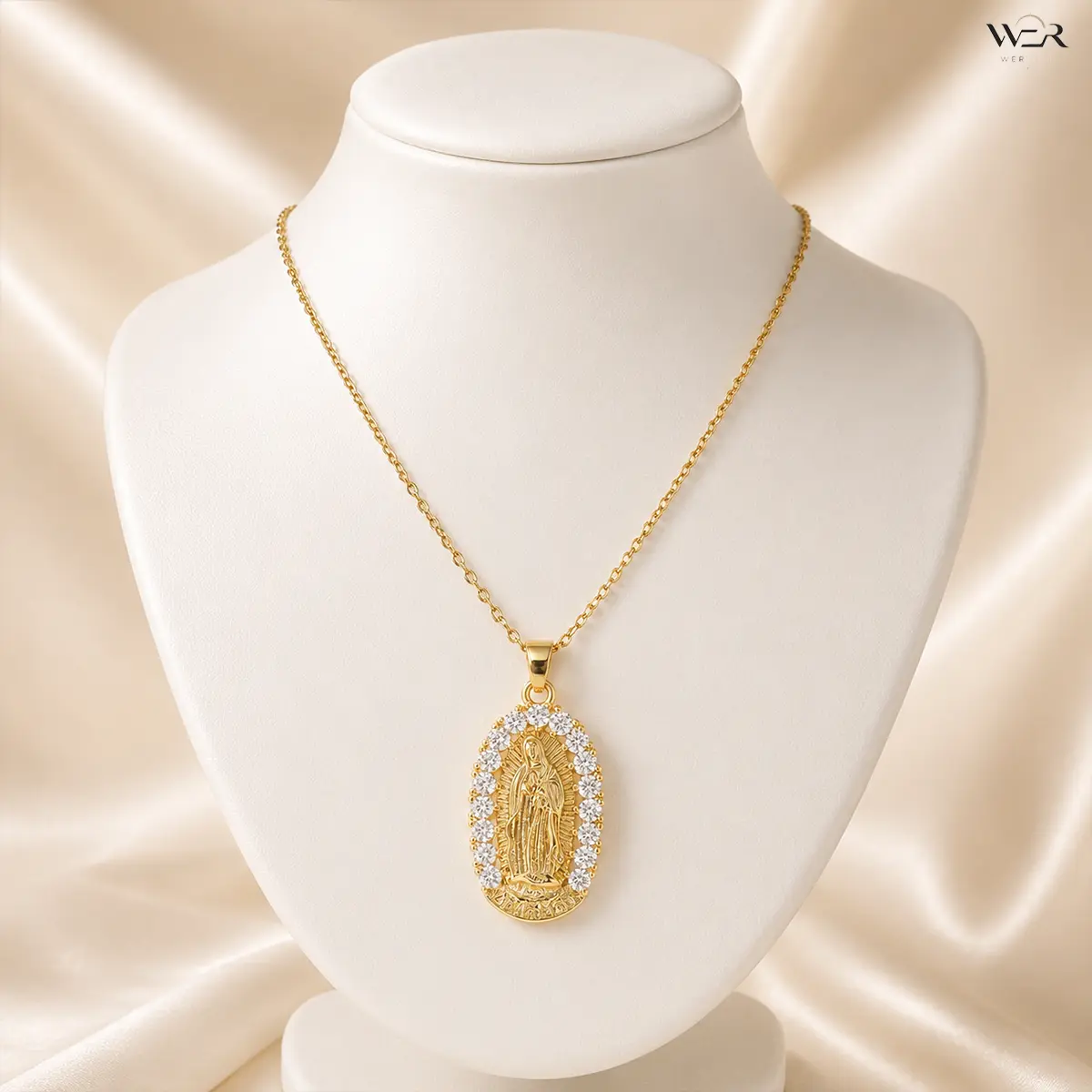 Spiritual Jewelry for Women, Elegant Virgin Mary Medallion Necklace with Rhinestone Halo, Gold-Tone Adjustable 40+5cm Chain for Daily Wear, Chain Length Approximately 40 + 5 Cm, Casual, Female, Pendant, Religious, Rhinestones, Chain Jewelry Necklaces