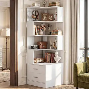 Armocity Corner Bookshelf with 2 Drawers, 7-Tier Corner Book Shelf Display Bookcase, Freestanding L Shaped Bookshelf for Bedroom, Home Office