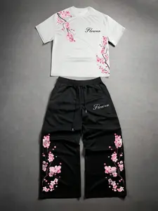 Men's Two-Piece Fashion Casual Set, Soft Comfort Cherry Blossom Floral Pattern Round Neck T-Shirt and Drawstring Wide Leg Pants, All Seasons