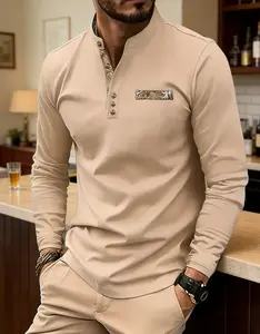 Men's casual long sleeved shirt with leopard print pocket - lightweight elastic polyester, stand up collar, autumn and winter button details