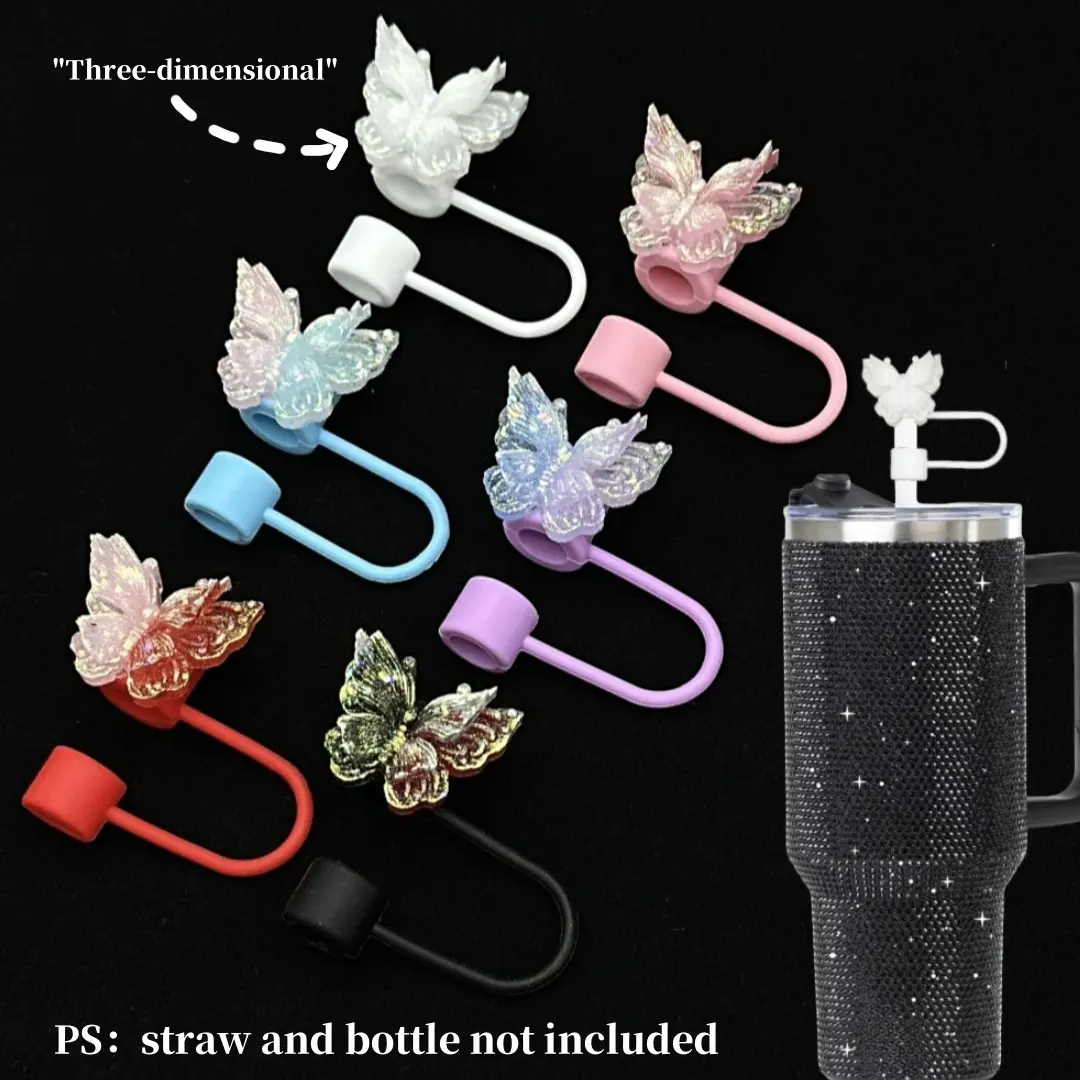 Shining three-dimensional butterfly Style Straw Toppers,Silicone Straw Topper,Straw Covers Drink Protectors Compatible with Cups 30&40 Oz Dust-proof for 0.39" Diameter Straws Christmas and New Year Themed straw Toppers,outdoor camping party Activities 1pc