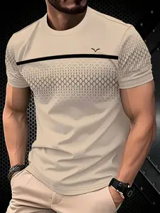 Men's Fashion Casual Streetwear Top Light Blue Polyester Striped Print T-Shirt, Breathable Fitted Comfort Fit, Round Neck, All Seasons Casual Wear