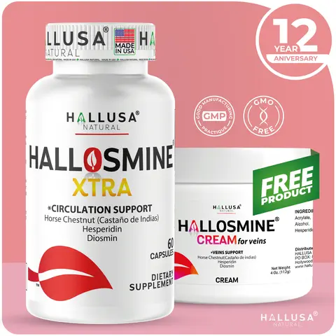 HALLUSA NATURAL HALLOSMINE XTRA Edible Botanical Extract GMP Certified Capsules (60 Count) + FREE Vein & Blood Flow Control Cream with Diosmin, Horse Chestnut, Hesperidin, Vitamins, Menthol, Camphor, Sugar-Free for Youth Fitness