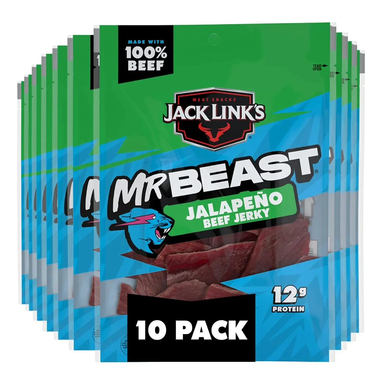 Jack Link’s x MrBeast Spicy Jalapeno Natural High Protein Real Dried Meat Beef Jerky Multipack - 10 Bags (10x1.25 oz), Portable Water-Resistant Snack Bags, Bold Jalapeno Heat, Yeast Extract, On-The-Go Snack for Adults