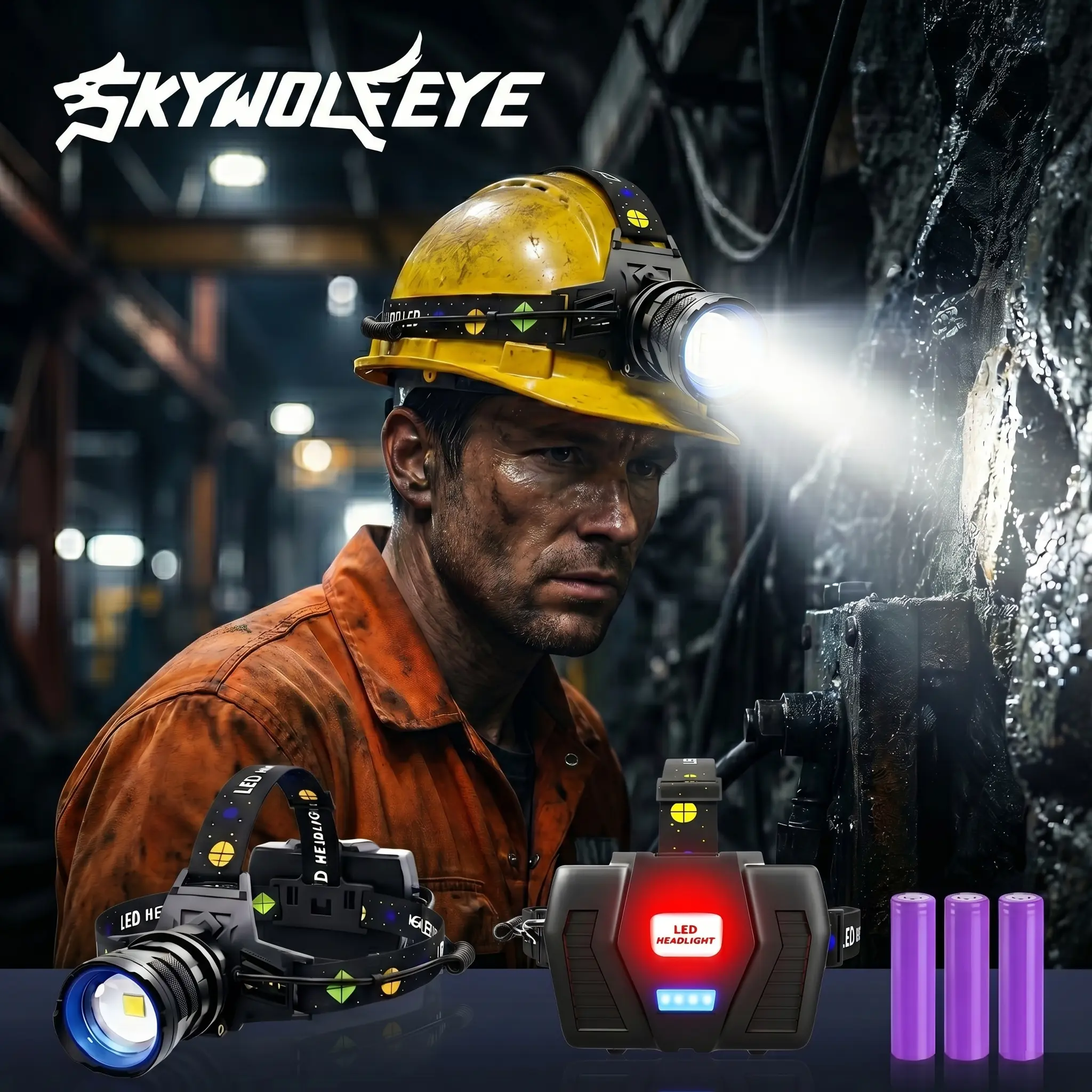 SKYWOLFEYE 30W Ultra-Bright Professional Headlamp, Impact-Resistant Aluminum & ABS Body, Zoomable Hard Hat Light with 3x18650 Batteries, Type-C Rechargeable with USB Output Power Bank, Construction, Mechanic, Strobe