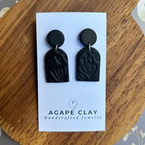 Black Dangle Polymer Clay Imprinted Earrings with Nickel-Free Metal