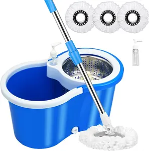 Blue Spin Mop Bucket Set with 3 Microfiber Mop Heads, 61inch Extendable Stainless Steel Handle, Household Cleaning Tools Multicolor Adjustable