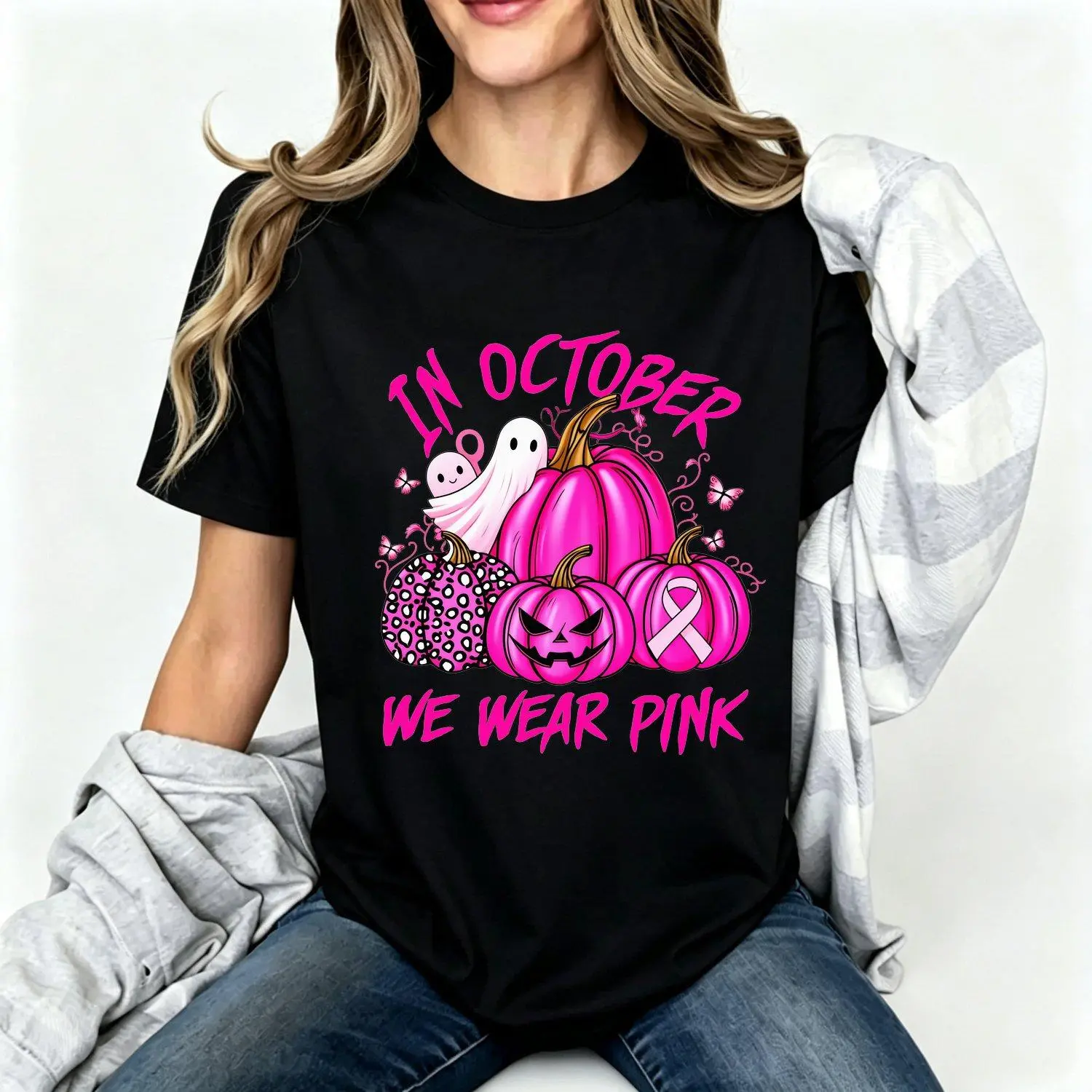 Womens Short Sleeves Sport T Shirt New Arrival for Spring Summer Funny Graphic Tees Casual Crew Neck In October We Wear Pink Breast Cancer Awareness Pumpkin Design Comfortable for All Seasons Local Delivery