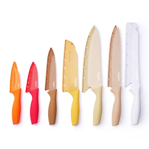 14-Piece Rustproof Stainless Steel Knives Kitchen Set with Non-Stick Ceramic Coating, Dishwasher Safe, 7 Blade Guards, Brown Utensils, Plastic Components, Modern Cooking Cutting Tools for Gifting