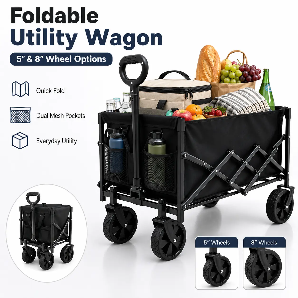 Collapsible Folding Utility Wagon Cart with Wheels, Portable Home Improvement Building Supplies Trolley for Shopping, Camping, Outdoor Use