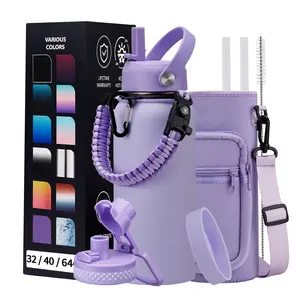 32 40 64 87 128 OZ Stainless Steel Water Bottle - Black Water Bottle with Straw & Spout Lid, Paracord Handle & Bottle Sleeve, Insulated Vacuum Water Flask Double-Wall Metal Cup Canteen for Gym School