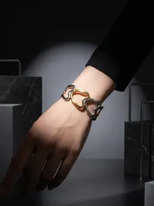 Two-Tone Hollow Heart/Flower Stainless Steel Open Cuff Bracelets, Modern Minimalist Bangles, Adjustable Design for Everyday & Office Wear