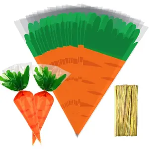 100 Cellophane Gift Bags - Easter Carrot Shape Candy Bags with 100 Twist Ties for Cookies, Candy & Party Decoration