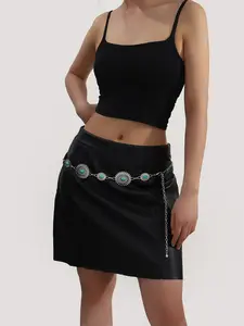 Boho Style Artificial Turquoise Decor Flower Chain Belt, Vintage Western Style Belt for Women, Fashion Accessories for Party, Daily Clothing Decor, Trendy Exquisite Belt for Gift, Sparkling Western Belt, Bling Western Belt