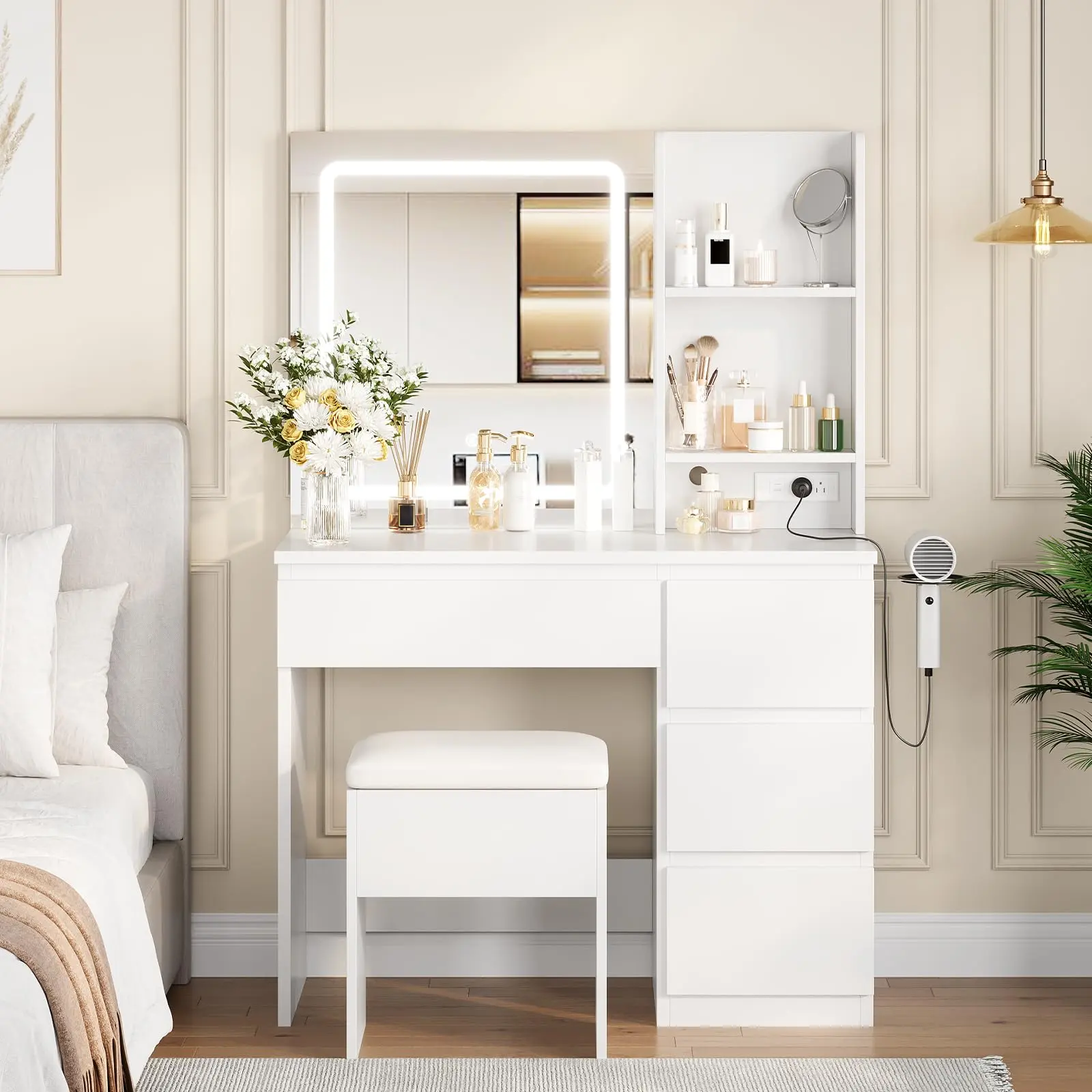 Garvee Modern Vanity Desk with Mirror and LED Lights - Makeup Dressing Table with 4 Drawers, Storage Stool, Hair Dryer Holder, Outlets, and 3-Color LED Vanity Mirror for Bedroom, White