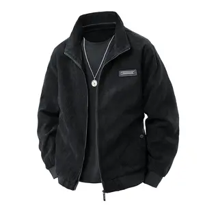 Men's Black Corduroy Zip-Up Jacket with Brand Patch & Stand Collar Vintage Style Casual Coat with Silver Necklace Men's Fashion Outerwear