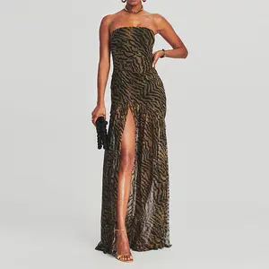 Women Tube Top Dress Backless Mesh Patchwork Leopard Print High Slit Long Dress