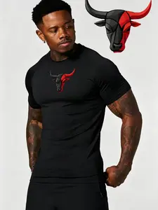 Men's European Style Bull Print Compression T-Shirt, Breathable Quick-Dry, High Elasticity, Slim Fit, Ideal for Gym and Strength Training